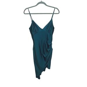 ELH Studio Teal|Jewel Tone Green Satin Asymmetrical Ruched Dress NWT L Cocktail